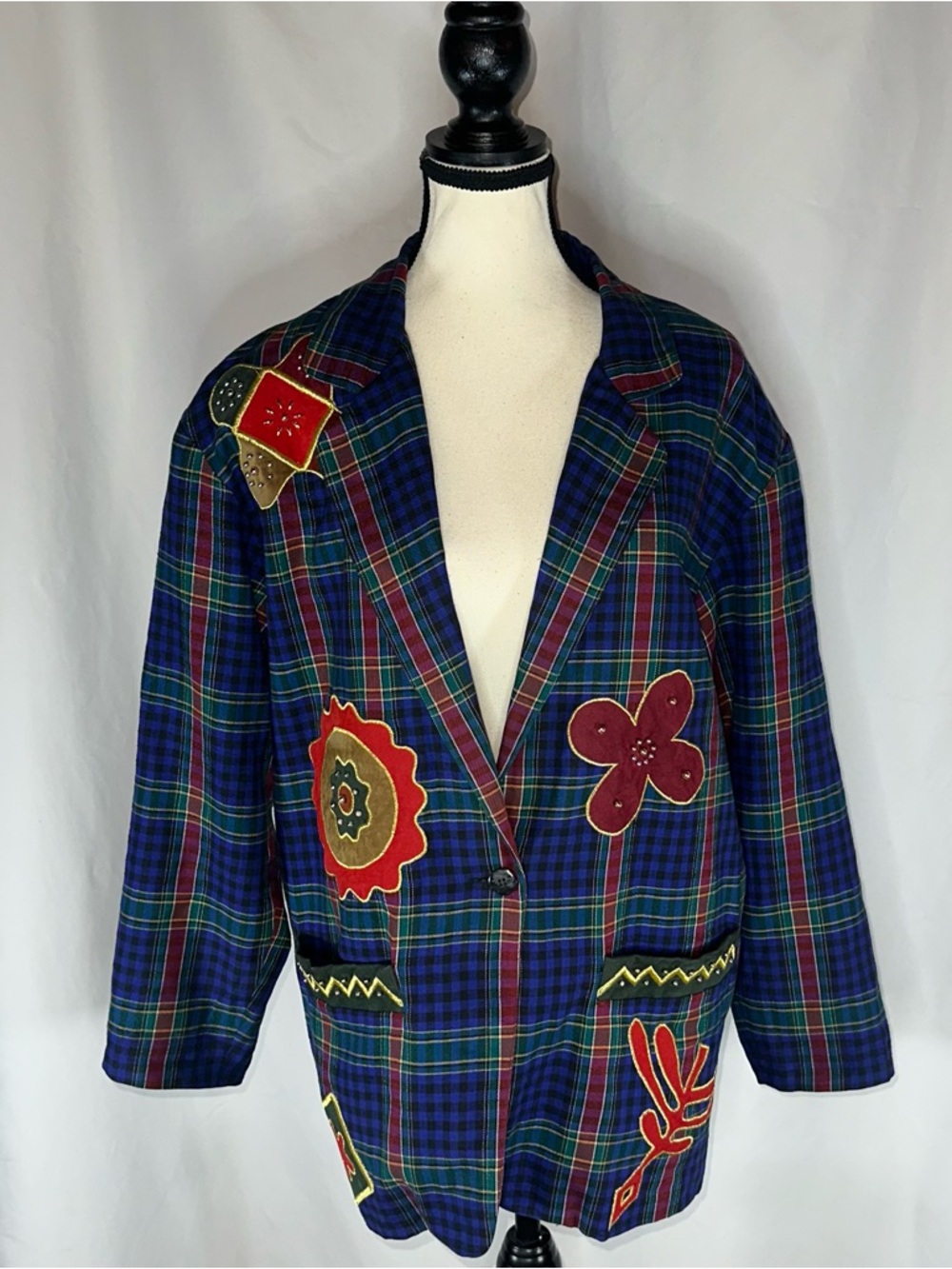 Vintage Adam Douglass Adrianna Papell Plaid Blazer Jacket M Applique 90s Cotton